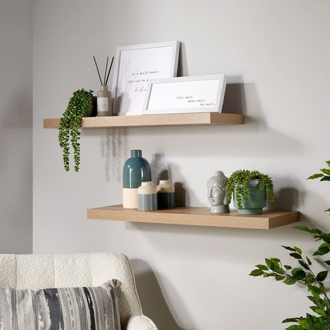 Pair Floating Wall Mounted Storage Shelf Wooden 80cm DVD Bookshelves Sonoma Oak (1/5)