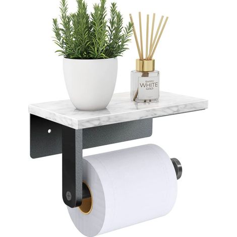 Marble Toilet Paper Holder with Shelf, 304 Stainless Steel Screws Wall Mounted, Tissue Roll Holder for Bathroom Toilet, Matte Black