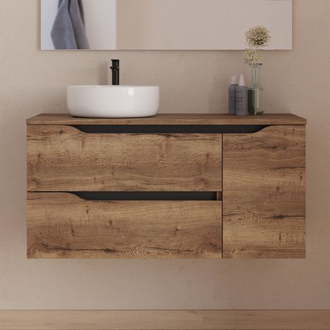 Meuble de salle de bain 100cm avec plateau et vasque à poser déportée à gauche Ares - sans miroir - 2 tiroirs et un placard - tabaco (bois foncé) - ZARZA