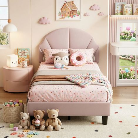 JOOKGBD-Kinderbett Polsterbett 90 x 200 cm, Mädchenbett,Einzelbett,Jugendbett,Verstellbares Kopfteil,Bettgestell mit Lattenrost,Samt,für Kinder und Jugendliche,Ohne Matratze,Rosa