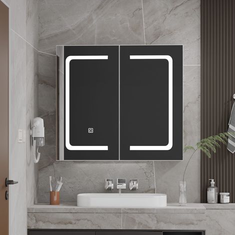 armoire miroir de salle de bain led murale 70x60cm deux portes commande tactile trois couleurs de lumière rangement pour salle de bain (1/5)