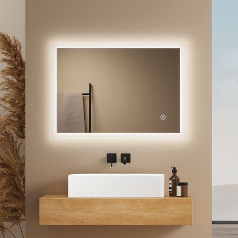 EMKE Badspiegel mit Beleuchtung Dimmbar 50x70cm Kaltweißes Licht mit Touch Sensor Wandspiegel mit Satiniertem Rand