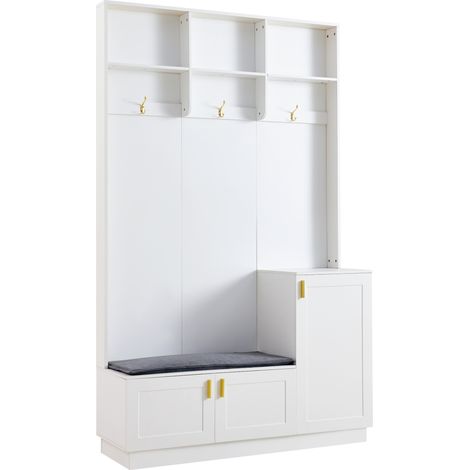 Mueble de entrada multifuncional blanco con banco, zapatero, 3 ganchos y hueco abierto (1/5)