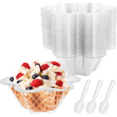 60 Dessertbecher mit Löffeln, 250 ml – Mini-Dessertbecher mit Blumenmuster – Transparent – Becher für Vorspeisen – Wiederverwendbar – Servierschalen für Käsekuchen, Puddings, Mousses (1/5)