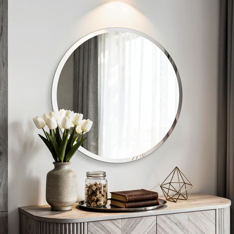 Round Bathroom Mirror Wall Mounted Modern Stylish Design with Contemporary Bevelled Edges - 70cm
