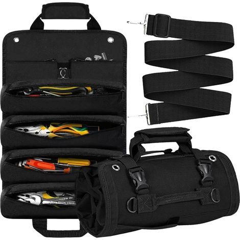 Sac à outils enroulable, organiseur de rangement vide enroulable robuste, portable et pliable avec 2 petites pochettes, sac à outils de transport enroulable pour papa, homme, mécanicien, cadeau