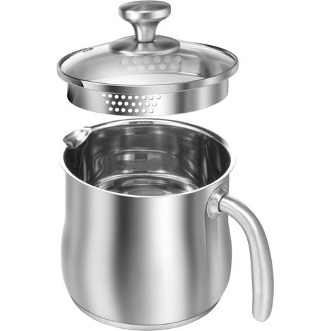 Casserole à lait en acier inoxydable avec bec verseur et couvercle en verre (2L, argenté) (1/5)