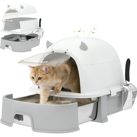 PawHut arenero para gatos, l, con tapa extraíble y bandeja de acero inoxidable extraíble, pala, filtros de carbón, fácil de limpiar, antifugas, gris (1/5)