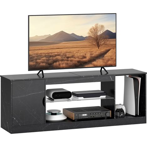 TV Stand Cabinet, Marble Effect TV Unit for up to 55" TVs with Glass Shelf and Storage Cabinet, Entertainment Unit for Living Room, Bedroom, Black