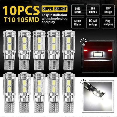 Lot de 10 ampoules LED T10 pour éclairage intérieur de plaque d'immatriculation, blanc super 6000K, références 168, 194 et 2825 (1/5)
