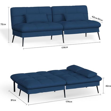 Comhoma – Canapé convertible 3 places en velours de coton – Dossier réglable 5 niveaux – Dimensions 174x55x72 cm – Pieds métalliques pour stabilité – Bleu