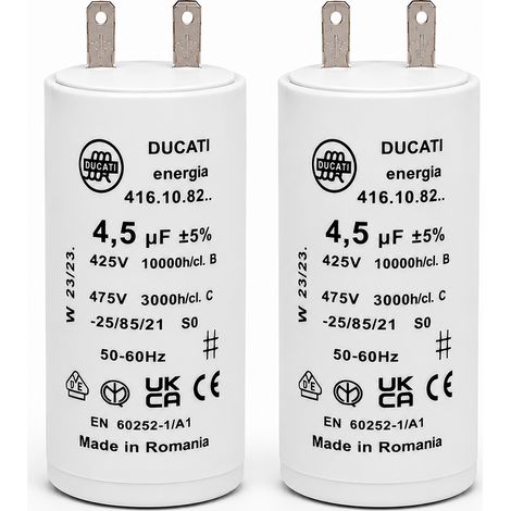 Condensateurs pour réparation de moteur de volet roulant SOMFY, SIMU - Condensateur cylindriques à 2 cosses Faston 2,8 - spécial remplacement - pour moteur de volet. - 4,5 uF - Lot de 2