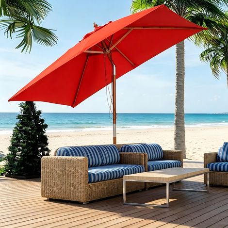Parasol rectangulaire inclinable Rouge – Toile polyester 180g/m² résistante UV – Armature bambou 12 baleines – Idéale pour plage terrasse jardin (1/5)