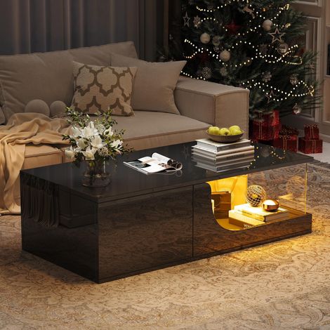 Table Basse de Salon 100x50x30cm Noire, 2 Tiroirs, Design Laqué avec LED, Verre Trempé, Rangement Optimal (1/5)