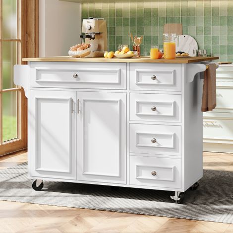 Îlot Central de Cuisine Blanc 110 cm avec Desserte Mobile et Table Rabattable, Meuble de Rangement Cuisine avec Tiroirs et Étagères Réglables, Buffet de Cuisine Multifonction avec Roulettes (1/5)