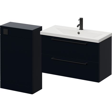 Napoli 390 Deep Blue 1300mm Wall Mounted 2 Drawer Vanity Unit and Toilet Suite with Glide Basin - 1300mm - Matt Black 480mm HandleWithout Kingston Toilet Pan