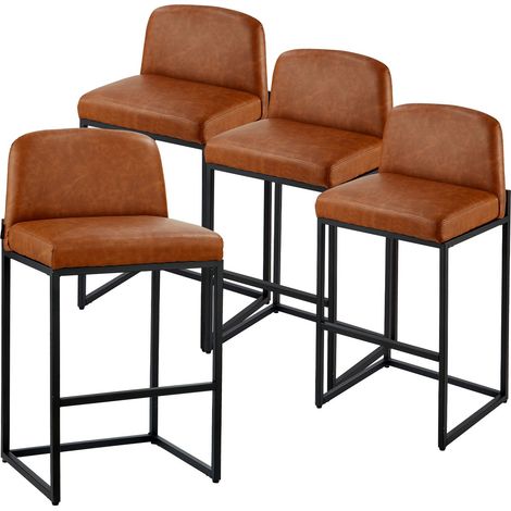 Lot de 4 tabourets de bar 68 cm, chaises de comptoir modernes en simili cuir avec dossier, piètement métallique, sans accoudoirs, montage facile, pour cuisine, salle à manger, marron (1/5)