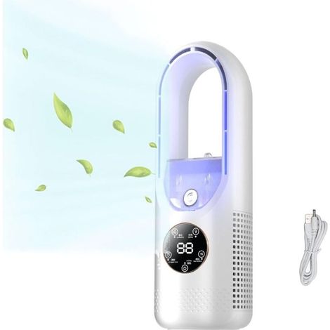Ventilateur Sans Pales - Humidificateur Personnel - 6 Vitesses - Minuterie 1 à 6 H - Lumière LED 7 Couleurs - Pour Chambre Bureau Dortoir - 30,5 cm - 100 ml - Blanc (1/5)