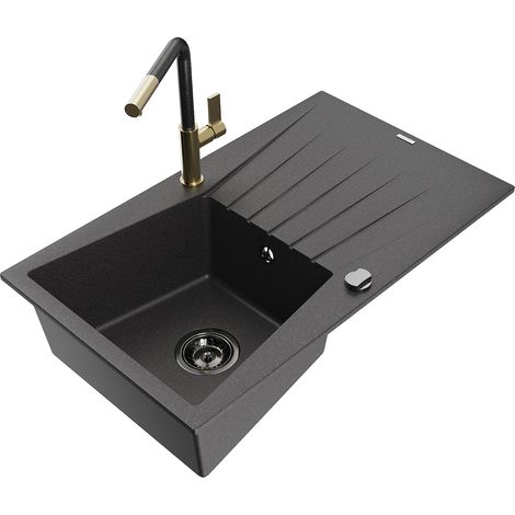 Mexen Cesar 1 Becken-Granitspüle mit Abtropffläche und Mischbatterie Flora, Schwarz gesprenkelt - 65 (1/5)