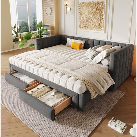 Letto daybed moderno 90x200 cm in velluto grigio, estraibile 180 cm con testiera quadrata e 2 cassetti (1/5)
