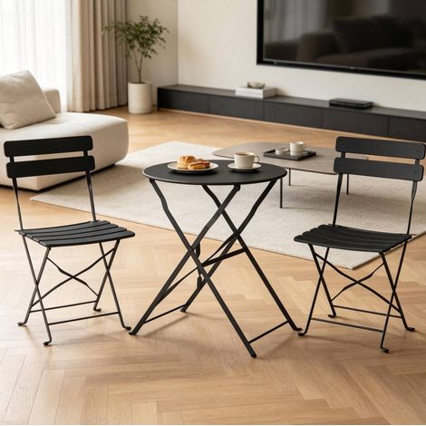 Conjunto de jardín plegable de metal negro con 1 mesa Ø58 cm y 2 sillas HAVRYA (1/5)