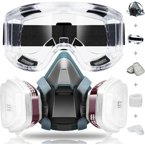 Masque de Protection Kit de Demi-Masque Série 6200 Masque a Gaz Respiratoire Respiratoire Réutilisable avec Filtres et Lunettes Protection pour Peinture Ponçage Protection du Travail du Bois (1/5)