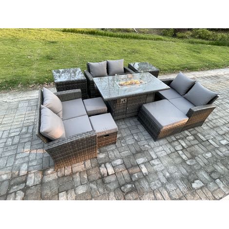 Fimous Hoher Rücken Rattan Gartenmöbel Sets mit Outdoor-Möbel Gas Feuerstelle Esstisch Set 3 Hocker 2 Beistelltische Dunkelgrau Gemischt (1/5)