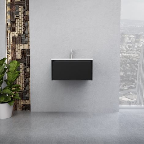 Inda - Badezimmerschrank 1 Schublade B.60 mit glänzendem Waschbecken / Mattschwarz - Smeraldo