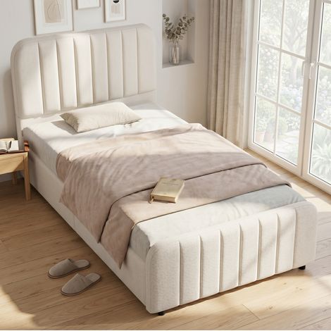 Letto singolo imbottito per bambini 90x200 cm, stile moderno, lino beige, con testiera, rete a doghe e vano contenitore idraulico (1/5)
