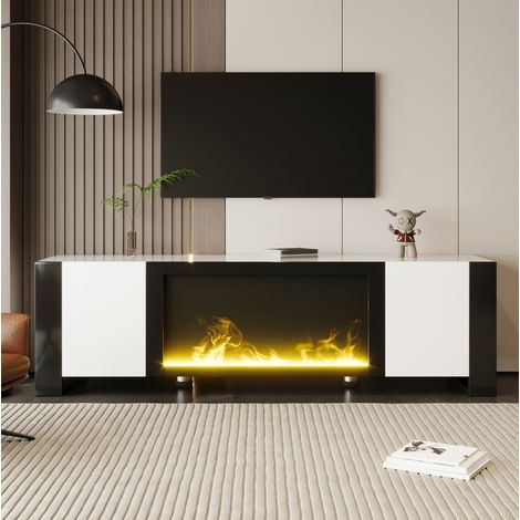 Meuble TV cheminée électrique décorative, effet flamme, 165 x 55 x 32 cm, blanc et noir HAVRYA (1/5)