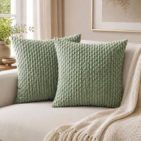 2 Housses de Coussin Vert Sauge 45x45cm, Fermeture éclair cachée (1/5)