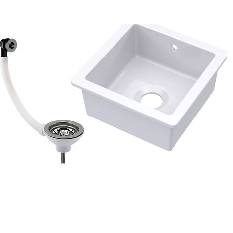 Balterley Fireclay Ceramic Single Bowl Square Undermount Kitchen Sink with Overflow and Brushed Nickel Strainer Waste, 457mm (1/3)