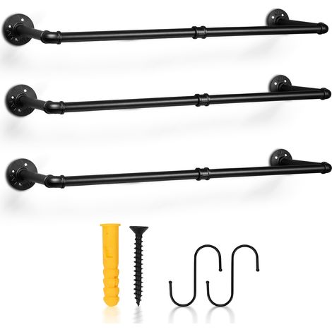 Randaco 3er Set Kleiderstange für die Wand, Schwerlast Kleiderständer im Industrie-Design, 92x30cm Wandmontage Garderobenstange Garderobenständer mit 24 Haken