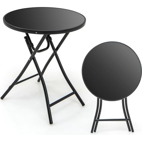GOPLUS Table Pliante Jardin Ronde 59x67CM Charge 50KG-Table d'Appoint Extérieur- Plateau en Verre Trempé pour Patio,Balcon (1/5)