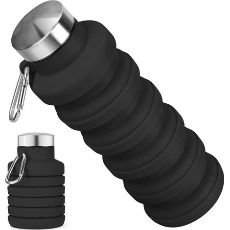 Zusammenfaltbare, auslaufsichere, tragbare und wiederverwendbare Silikon-Trinkflasche, BPA-frei, mit Karabinerhaken, leicht, geeignet für Fitnessstudio, Reisen, Camping, Wandern und Sport, schwarz (1/5)