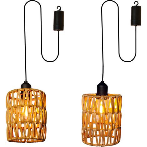 2 paquets de lustres décoratifs en rotin, lustres à piles avec ampoules blanc chaud, petites suspensions avec crochets pour extérieur et intérieur (1/5)