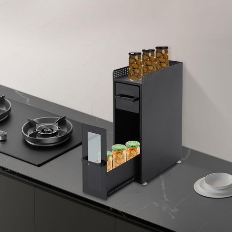 3 Stöckiges Gewürzregal zum Ausziehen, Standregal Küche Arbeitsplatte Regal Organizer mit Schublade, Mehrfunktional Küchenregal Gewürzregal Unterschrankregal Spülschrankregal, 36x15x51cm, Schwarz (1/5)