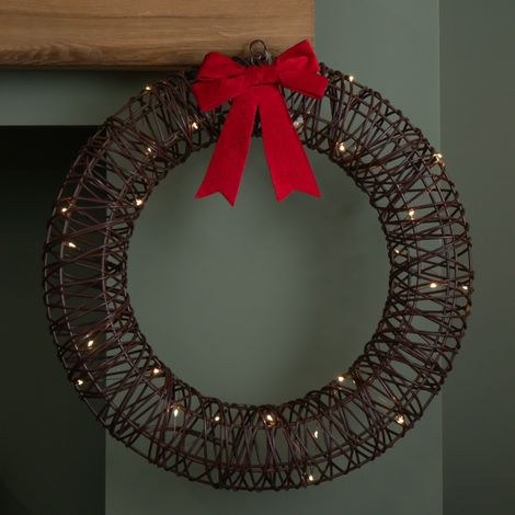 50cm Battery Operated Light up Christmas Wreath with Red Bow & 40 Warm White LEDs (1/5)