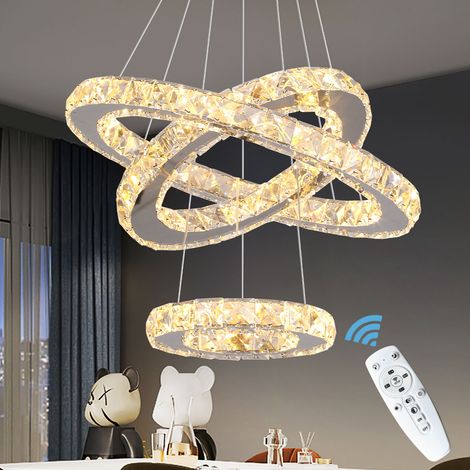 Lustre LED cristal 3 anneaux inox chromé, Ø40/30/20cm, télécommande, hauteur réglable (1/5)