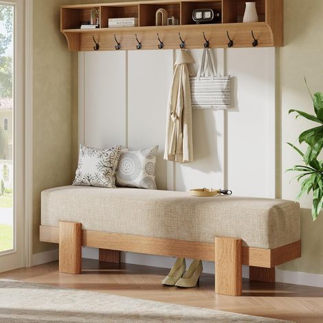 Tribesigns Banc Chaussures Entrée avec Tapissé, 140 x 35 x 45 cm, Moderne Banc à Chaussures avec Coussin épais Ultra-Moelleux et Structure en MDF, Bout de Lit pour Chambre à Coucher, Beige et Chêne