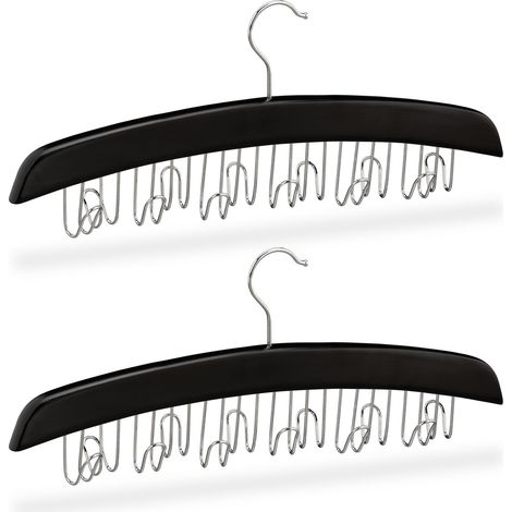 2 x Wardrobe Belt Holder, Hook for 12 belts, 360° Rotatable Hook, Wood, 17.5x43x5.5 cm, Black/Silver