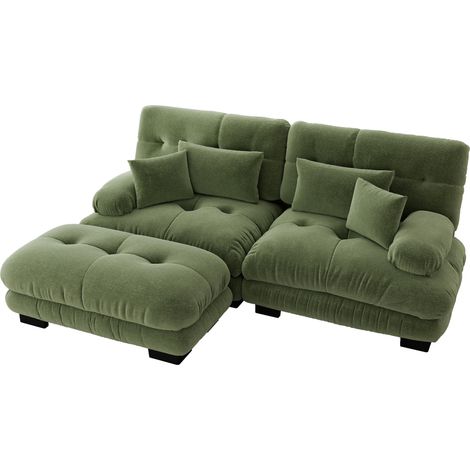 Sofá esquinero modular verde de chenilla con 2 cojines lumbares, 2 decorativos y otomana (1/5)