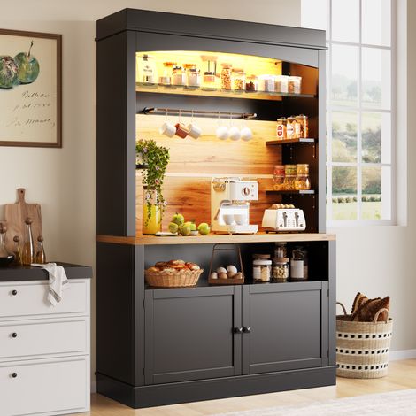 Credenza da cucina alta 107x43x184 cm in MDF con illuminazione LED, 2 ante e ripiano aperto, nera (1/5)