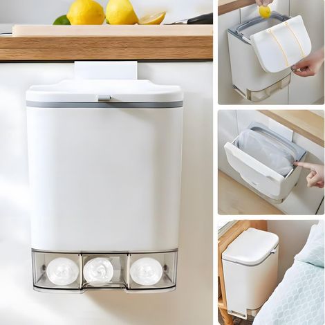 Poubelle murale de cuisine et de salle de bain avec couvercle, 3 compartiments de rangement, style européen (blanche). (1/5)