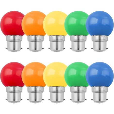 Lot de 10 Ampoule Couleur LED B22 1W, Ampoule à Baïonnette Colorées, Équivalent Incandescence 10W, Ampoule G45 Mini Globe, Rouge Vert Bleu Orange Jaune, pour Mariages, Halloween, Noël (1/4)
