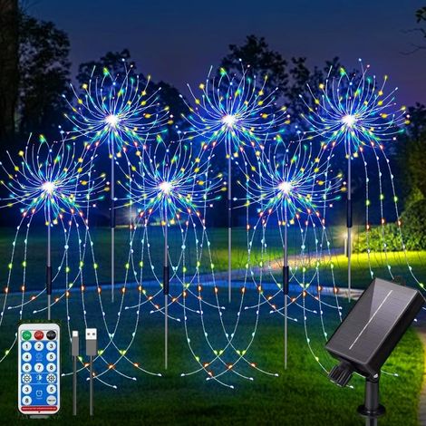 6 Pack 720 LED extérieur sol solaire inséré feux d'artifice colorés avec télécommande, Lumières décoratives imperméables solaires et USB alimentées par cour, lumière chemin bricolage 8 modes (1/5)