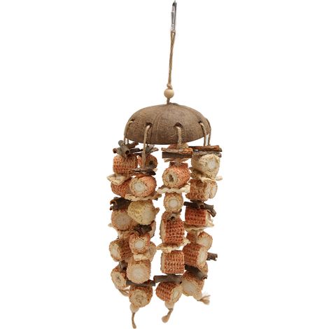 Jouet à mâcher pour oiseaux en coquille de noix de coco, écorce d'épi de maïs et feuilles de maïs : résistant aux morsures, amusant et décoratif. (1/5)