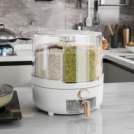 Boîte de rangement rotative 360° pour grains, riz et légumineuses, en plastique PP blanc, contenant de cuisine transparent. (1/5)