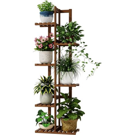 Support pour plantes en bambou - Étagère d'intérieur - Petit support de fleurs en métal pour terrasse, jardin, balcon, salon, chambre à coucher - Marron thé - 6 étages (1/5)