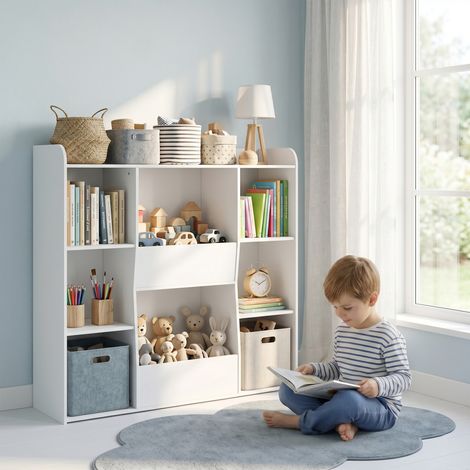 Bibliothèque enfants 8 casiers, meuble de rangement avec étagère supérieure, 104 x 29 x 101,5 cm, blanc, idéal chambre ou salle de jeu (1/5)